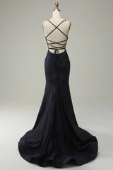 Wholesale Navy Mermaid Spaghetti Straps Beaded Prom Dress with Split prom dresses with long sleeves