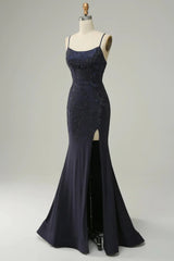 Wholesale Navy Mermaid Spaghetti Straps Beaded Prom Dress with Split prom dresses with long sleeves