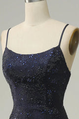 Wholesale Navy Mermaid Spaghetti Straps Beaded Prom Dress with Split prom dresses with long sleeves