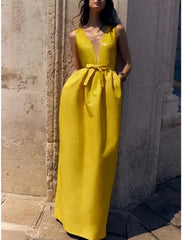 A-Line Evening Gown Elegant Dress Formal Floor Length Sleeveless V Neck Sequined with Bow(s) Pleats