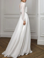 A-Line Evening Gown Empire Dress Holiday Wedding Guest Floor Length Long Sleeve Illusion Neck Chiffon with Pleats