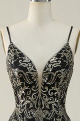 Black Golden Spaghetti Straps Open Back Prom Dress