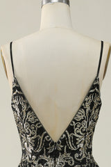 Black Golden Spaghetti Straps Open Back Prom Dress