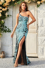 Mermaid One Shoulder Green Sequins Long Prom Dress with Split Front