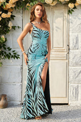 Mermaid One Shoulder Green Sequins Long Prom Dress with Split Front