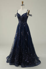 Navy A Line Cold Shoulder Long Prom Dress