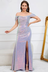 Sparkly Mermaid Off The Shoulder Purple Long Prom Dress with Slit
