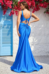 Mermaid Spaghetti Straps Blue Long Prom Dress with Open Back
