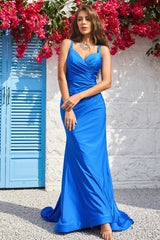 Mermaid Spaghetti Straps Blue Long Prom Dress with Open Back