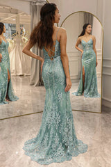 Wholesale Gorgeous Glitter Green Mermaid Lace Up Long Prom Dress With Slit prom dresses with long sleeves