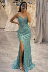 Wholesale Gorgeous Glitter Green Mermaid Lace Up Long Prom Dress With Slit prom dresses with long sleeves