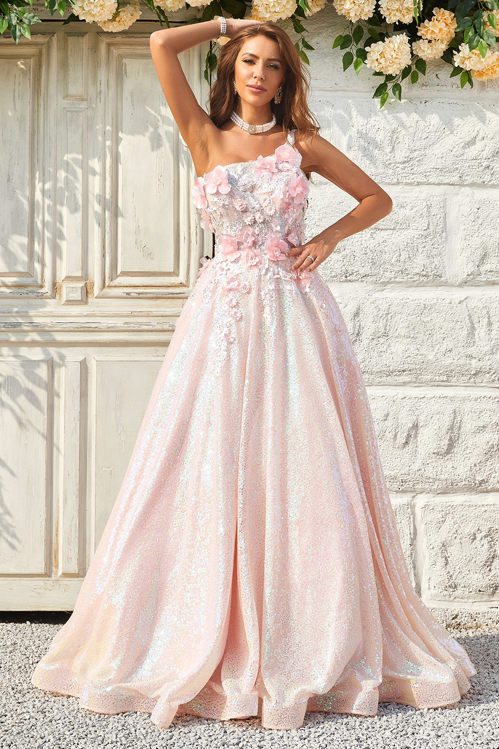 A Line One Shoulder Blush Long Prom Dress with Appliques