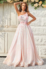 A Line One Shoulder Blush Long Prom Dress with Appliques
