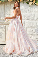 A Line One Shoulder Blush Long Prom Dress with Appliques