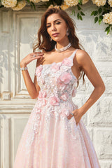 A Line One Shoulder Blush Long Prom Dress with Appliques