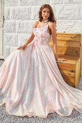 A Line One Shoulder Blush Long Prom Dress with Appliques
