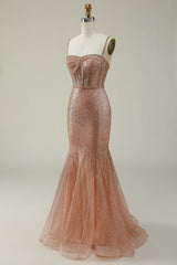 Mermaid Spaghetti Straps Blush Sequins Long Prom Dress