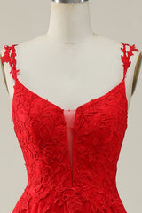 A Line Spaghetti Straps Red Long Prom Dress with Appliques