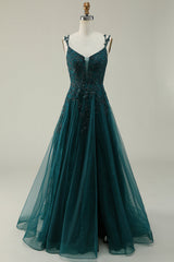 A Line Spaghetti Straps Red Long Prom Dress with Appliques