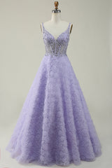 A Line V Neck Purple Long Prom Dress with 3D Flowers