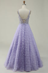 A Line V Neck Purple Long Prom Dress with 3D Flowers