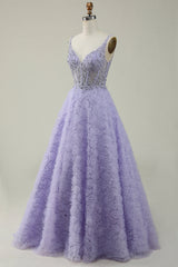 A Line V Neck Purple Long Prom Dress with 3D Flowers