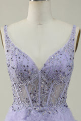 A Line V Neck Purple Long Prom Dress with 3D Flowers
