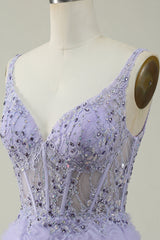 A Line V Neck Purple Long Prom Dress with 3D Flowers