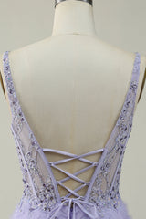 A Line V Neck Purple Long Prom Dress with 3D Flowers