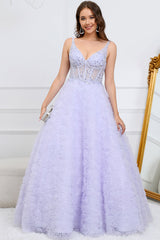 A Line V Neck Purple Long Prom Dress with 3D Flowers