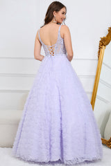 A Line V Neck Purple Long Prom Dress with 3D Flowers