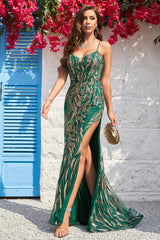 Mermaid Spaghetti Straps Dark Green Long Prom Dress with Bronzing