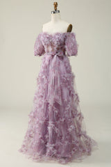 A Line Off the Shoulder Purple Long Prom Dress with Printing