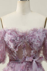 A Line Off the Shoulder Purple Ruffles Vintage Prom Dress