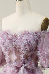 A Line Off the Shoulder Purple Ruffles Vintage Prom Dress