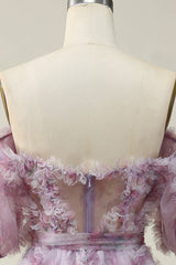 A Line Off the Shoulder Purple Ruffles Vintage Prom Dress