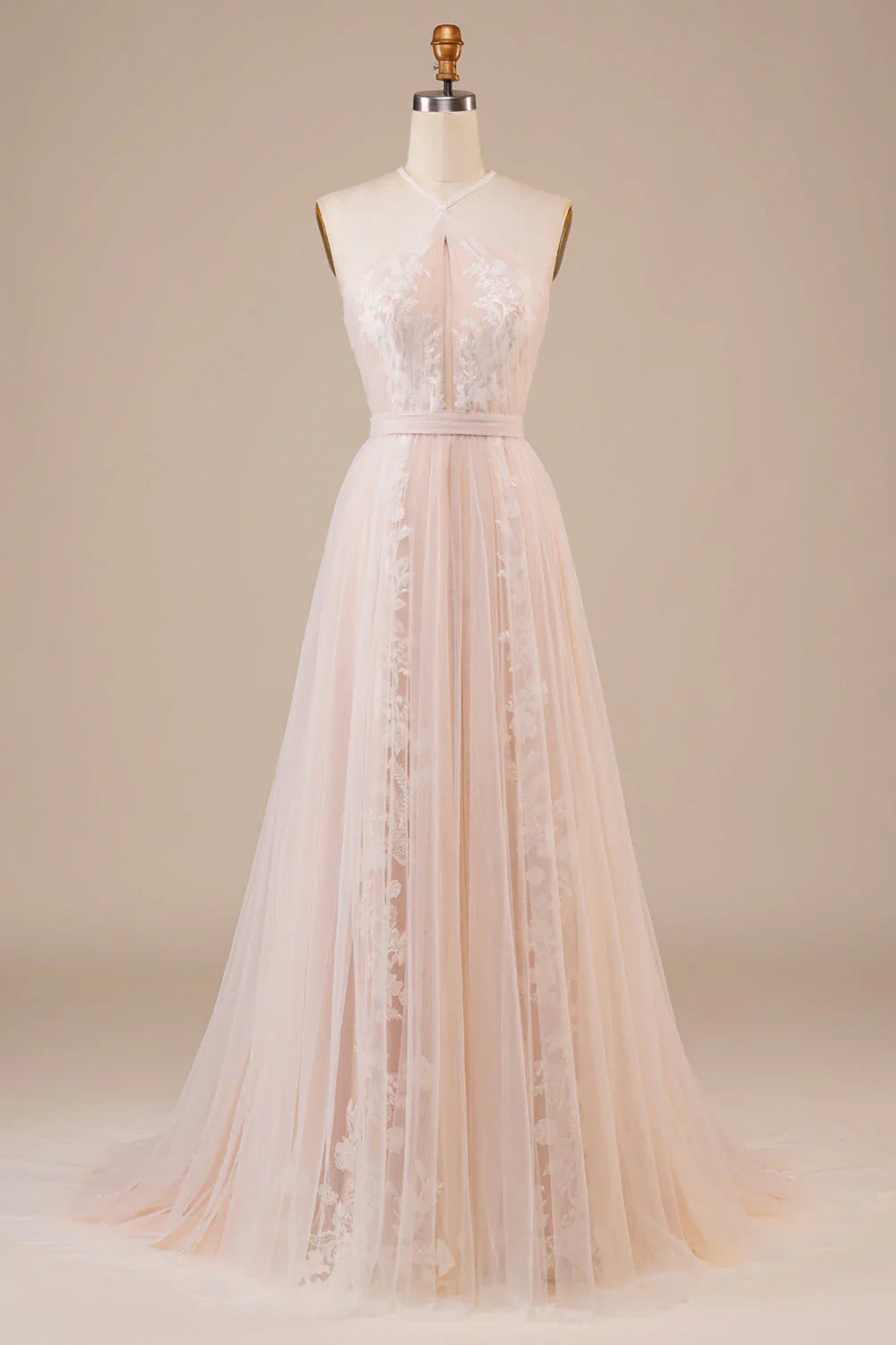 Sheer neckline keyhole champagne sleeveless off shoulder stickers and floor length wedding dress