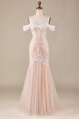 Champagne colored slim shoulder lace fishtail and floor length wedding dress