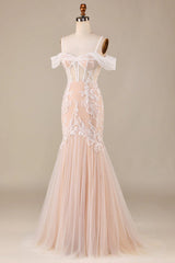 Champagne colored slim shoulder lace fishtail and floor length wedding dress