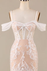 Champagne colored slim shoulder lace fishtail and floor length wedding dress