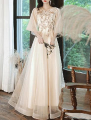 A-Line Prom Dresses Cute Dress Valentine's Day Wedding Guest Floor Length Half Sleeve V Neck Tulle with Beading Appliques