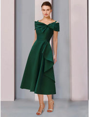Aimishang  A-Line Mother of the Bride Dress Wedding Guest Elegant Off Shoulder Tea Length Satin Short Sleeve with Bow(s) Ruffles Ruching
