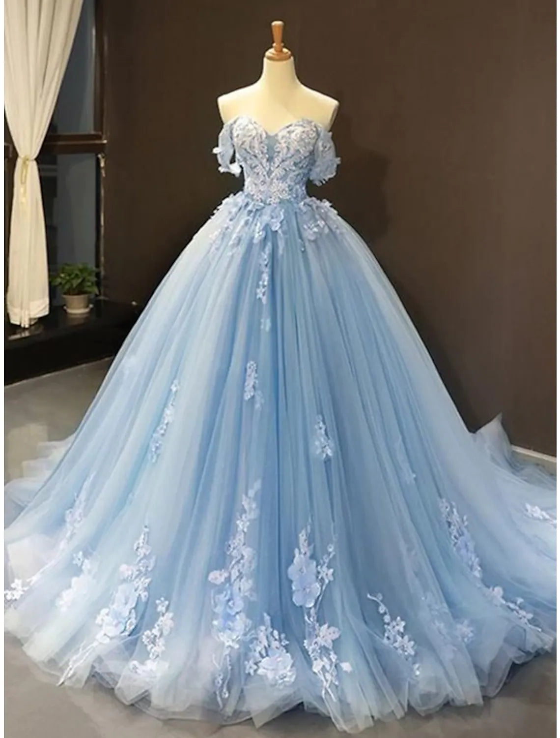 Prom Dresses Floral Dress Quinceanera Short Sleeve Sweetheart Lace with Pleats Appliques