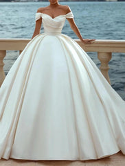 Aimishang Engagement Formal Wedding Dresses Ball Gown Off Shoulder Cap Sleeve Court Train Satin Church Bridal Gowns With Ruched Solid Color Summer Fall Wedding Party