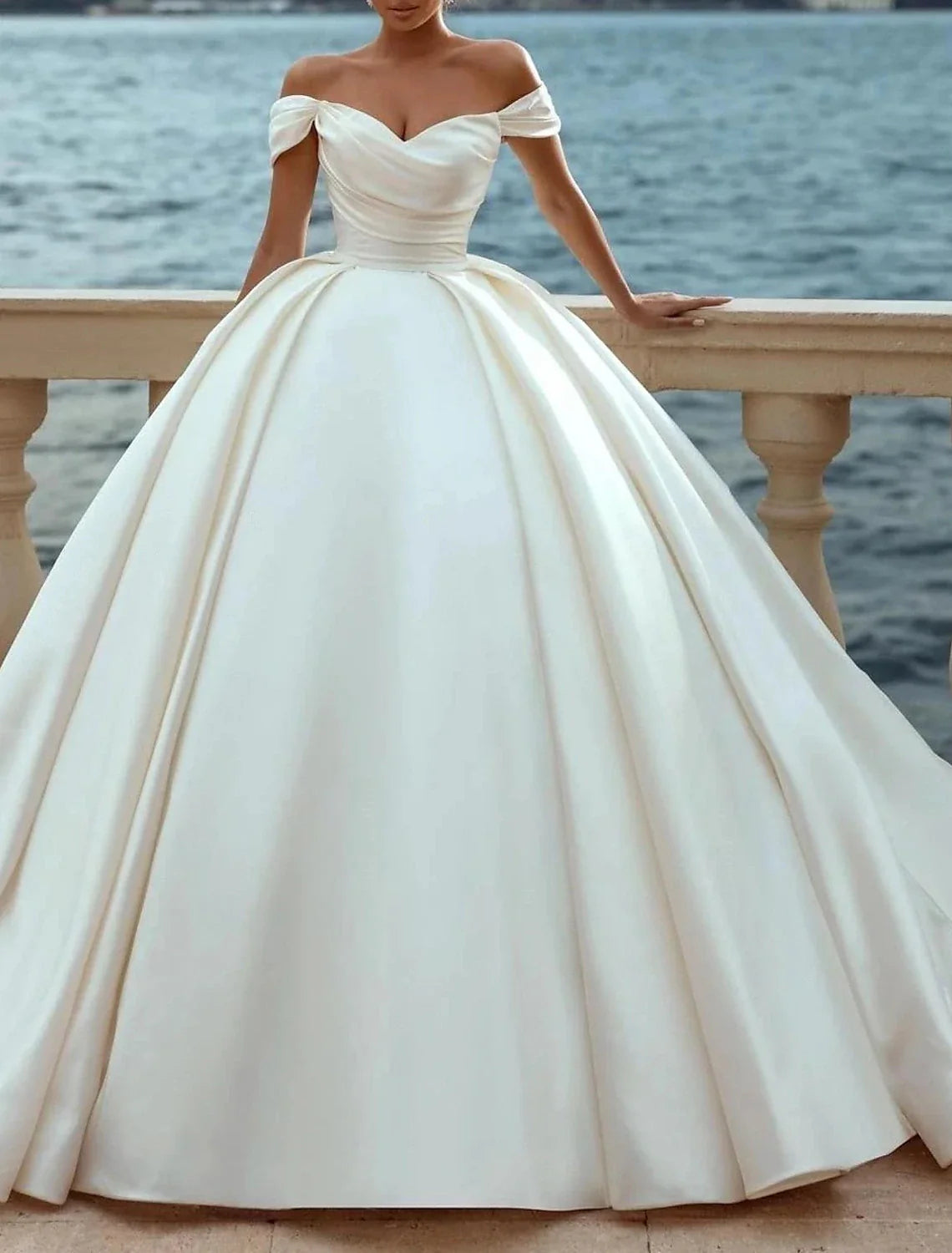 Wholesale Engagement Formal Wedding Dresses Ball Gown Off Shoulder Cap Sleeve Court Train Satin Bridal Gowns With Ruched Solid Color