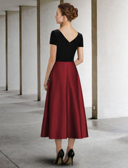 Aimishang A-Line Mother of the Bride Dress Elegant Jewel Neck Tea Length Satin Velvet Short Sleeve with Pleats Color Block