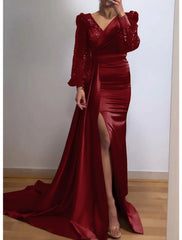 Mermaid Evening Dress Champagne Gown Sparkle Sequin Dress Formal Black Tie Floor Length Long Sleeve V Neck Satin With Buttons Pearls