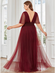 A-Line Bridesmaid Dress V Neck Short Sleeve Plus Size Floor Length Tulle with Ruffles / Draping / Tier / Butterfly Sleeve