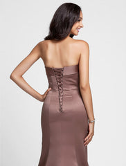 Mermaid / Trumpet Bridesmaid Dress Strapless Sleeveless Lace Up Floor Length Satin with Side Draping