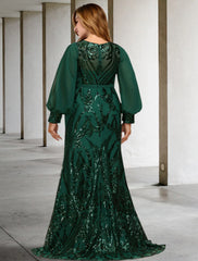 Mermaid / Trumpet Plus Size Curve Mother of the Bride Dresses Elegant Dress Formal Wedding Guest Sweep / Brush Train Long Sleeve Jewel Neck Chiffon with Sequin